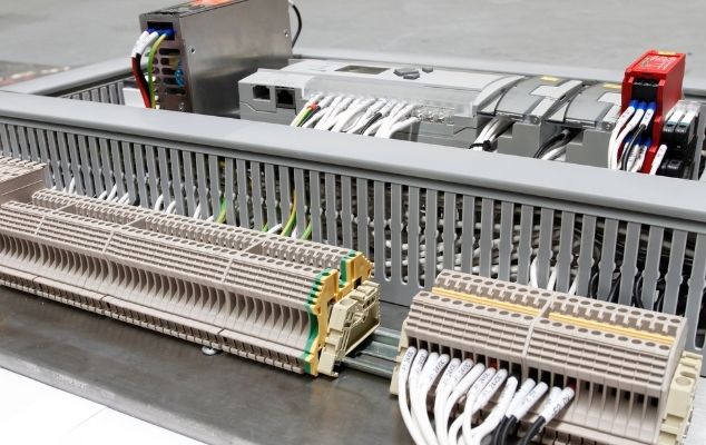 Terminal blok dengan pelabelan kabel yang jelas dan sistematis sesuai skematik desain pada panel kontrol