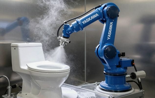 Implementasi sistem lengan robot 6-sumbu untuk proses glazing otomatis produk sanitari di fasilitas produksi PT TOTO Indonesia.