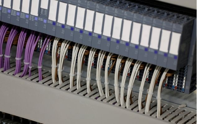 Detail kerapian wiring terminal pada panel kontrol industri menggunakan kabel standar industri yang sistematis