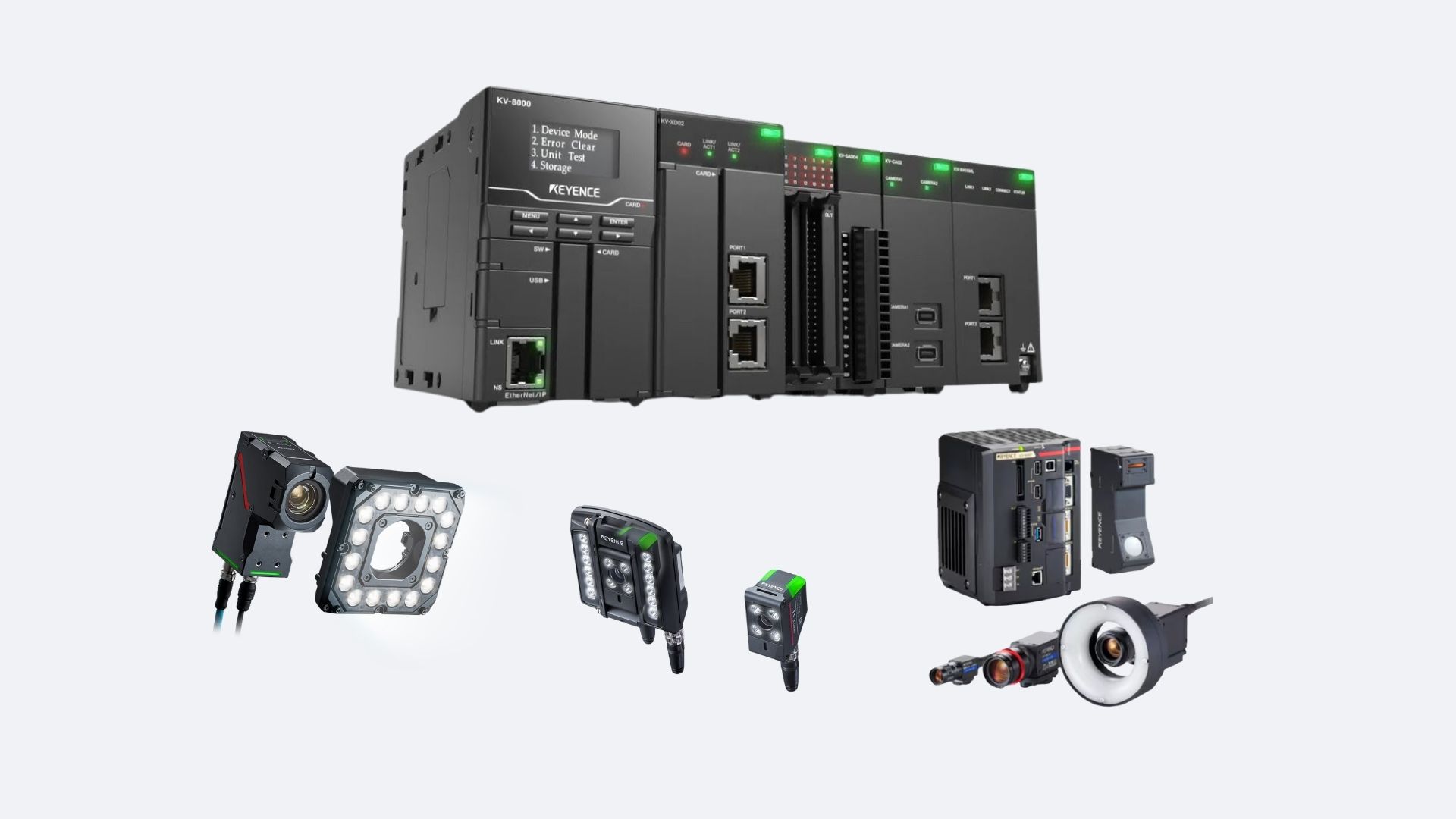 Modul pelatihan PLC Keyence dan sistem kamera sensor machine vision untuk inspeksi industri.