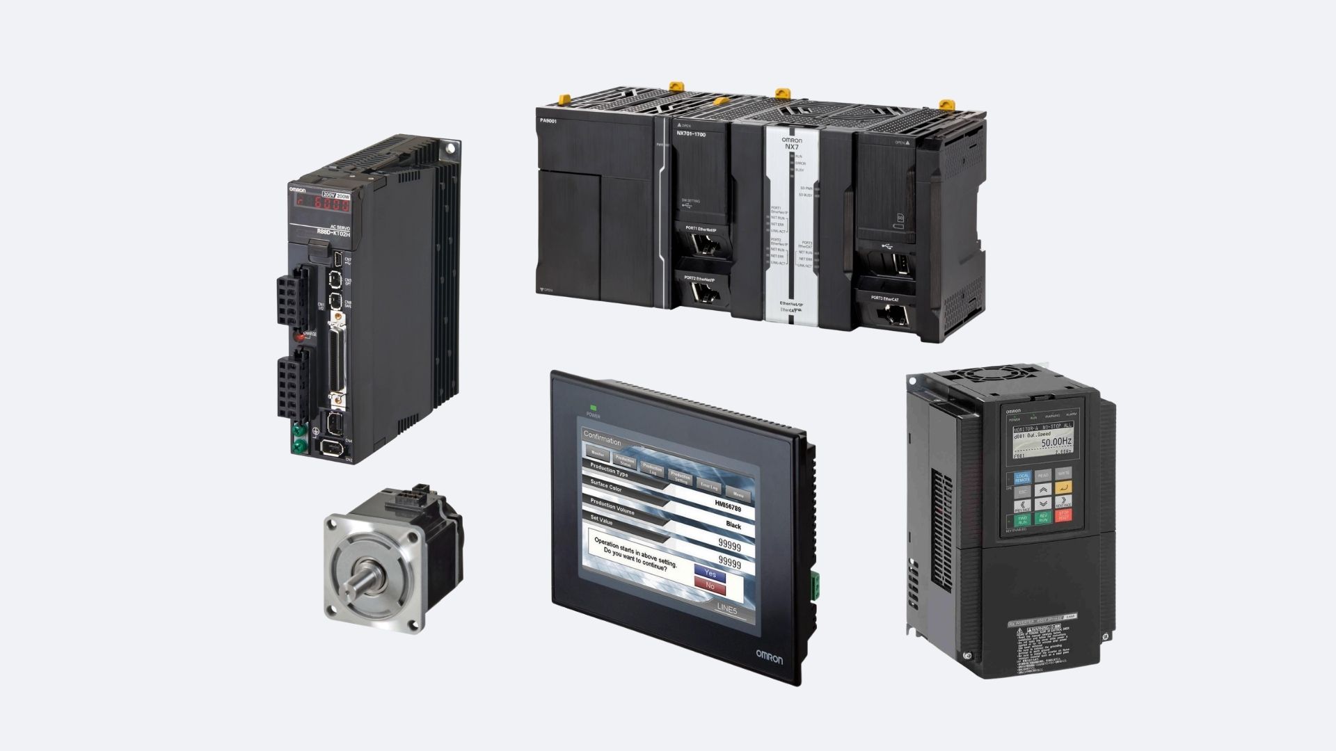 Modul pelatihan PLC Omron, layar HMI, inverter, dan servo motor untuk kursus otomasi industri.