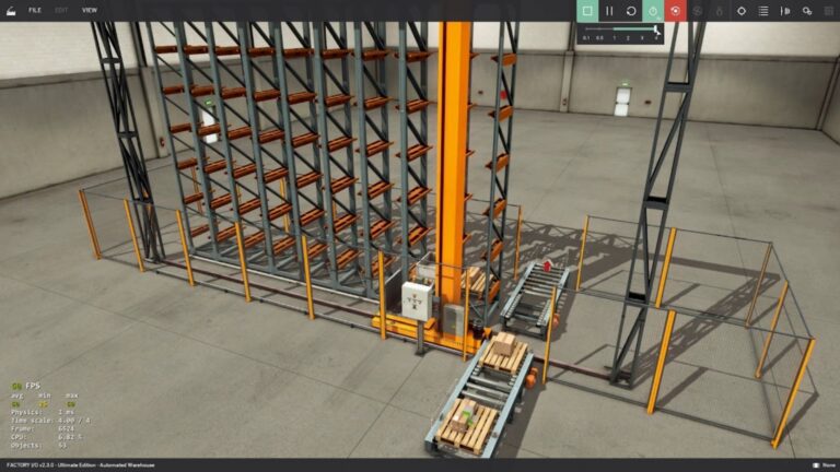 Simulasi 3D Digital Twin menggunakan Factory IO untuk pengujian logika Smart Storage and Retrieval System